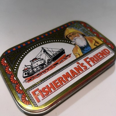 Vintage Fisherman's Friend aufklappbarer leerer Metallbehälter 4'' x 2,5'' x 0,75''