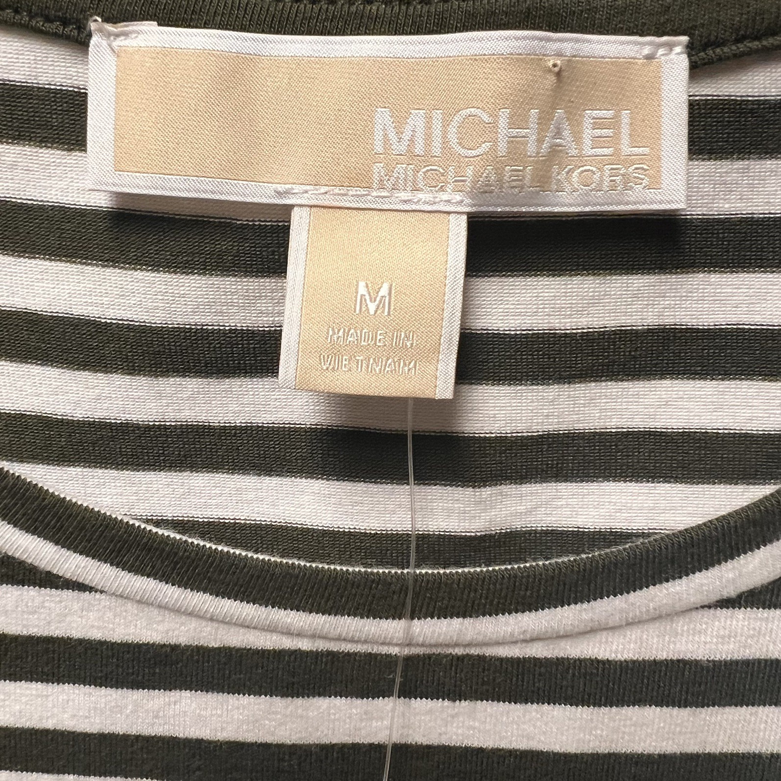 NWT Michael Kors Olive Army Green & White Striped Dress Sz M Flutter Sleeve Soft thumbnail 3