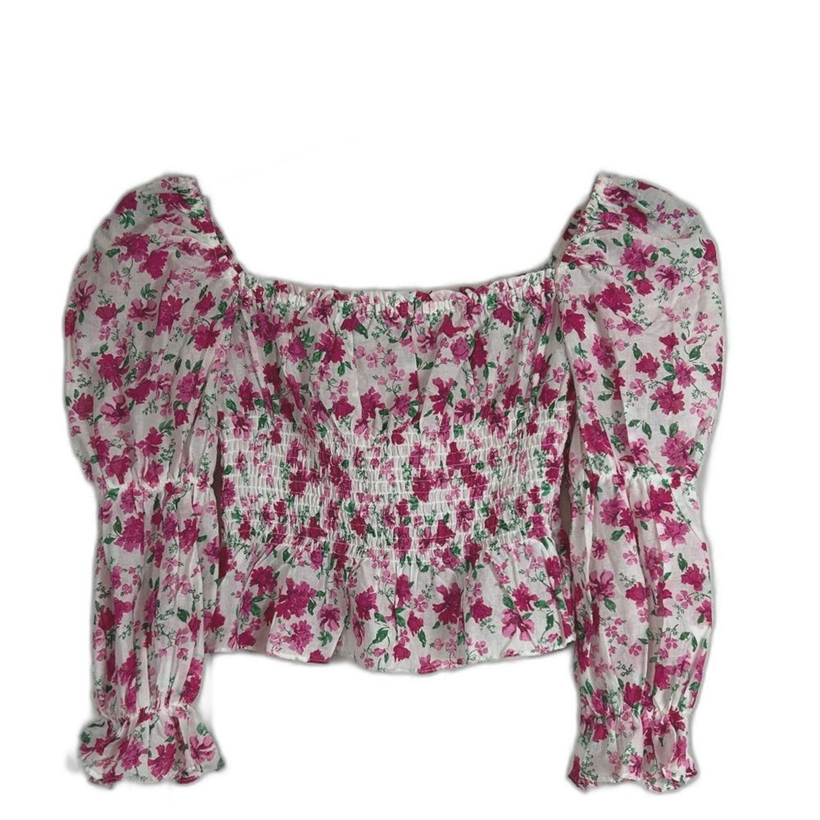 Olivaceous cottagecore floral puff sleeve smocked bodice cropped blouse M