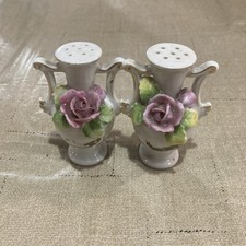 VINTAGE Floral Pot Salt  Pepper Shakers Japan Bone China Pink Roses Decor