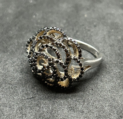 925 DJC Black Gem Open Flower Ring Sz 8.5 - 7.14g