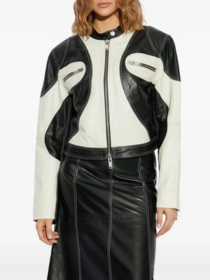 Women s Racing Leather Jacket Genuine Lambskin Moto Biker Black White Retro Fit