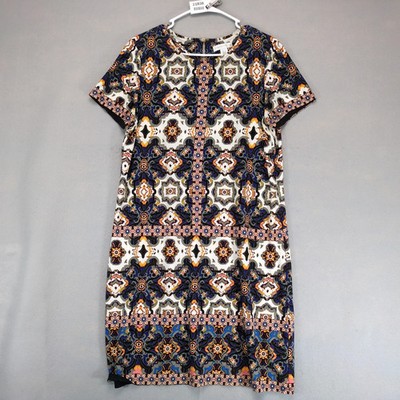 London Times Geometric Boho Print Shift Dress Sz 14 Stretch Knee-Length Career