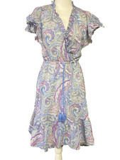 Lauren Ralph Lauren Womens Small Blue Paisley Fit & Flare Dress V-Neck Stretch