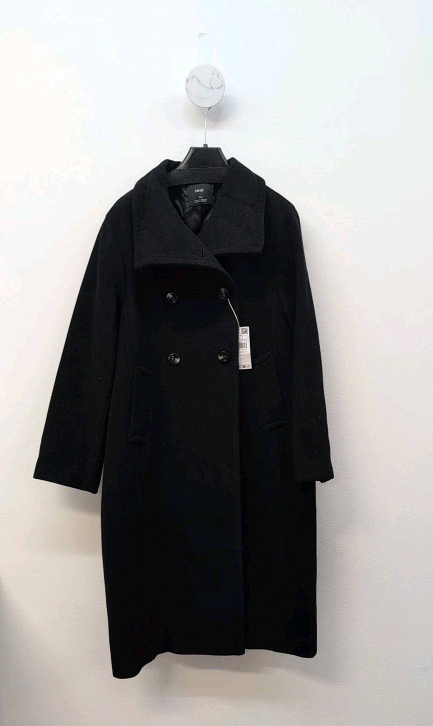 Mango Lapels V Neck Collar Long Sleeve Women's Wool Blend Coat XS Black