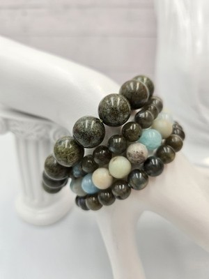 4pc Crystal Natural Stone Beaded Stretch Bracelets Earth Tone Blue Stack 142