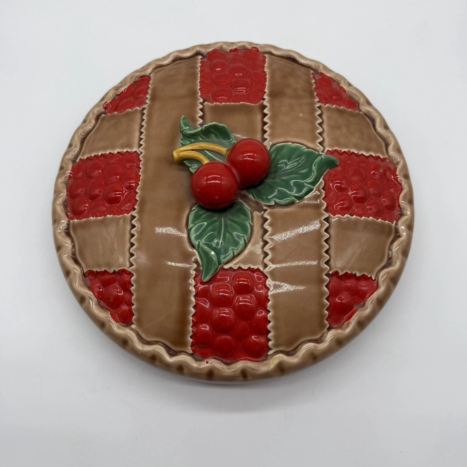 Vintage Ceramic Covered Red Cherry Pie Lattice Plate and Lid Made in Japan