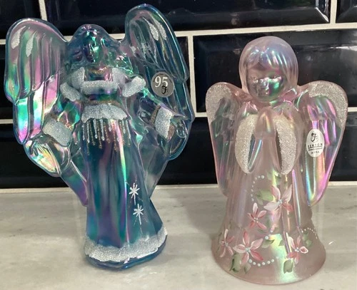Fenton Iridescent Glass Angel Figures Pink & Blue (2)