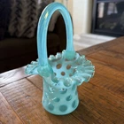 Fenton Art Glass Aqua Green Blue Opalescent Coin Top Hat Ruffled Basket 6.5"