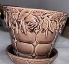 Vintage McCoy Pottery PINK Quilted Rose Planter Flower Pot Attached Saucer