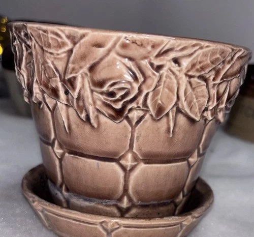 New ListingVintage McCoy Pottery PINK Quilted Rose Planter Flower Pot Attached Saucer