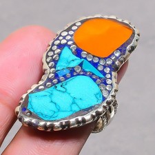 Tibetan Turquoise Yellow Coral Handmade Nepali Jewelry Adjustable Ring SR 3425