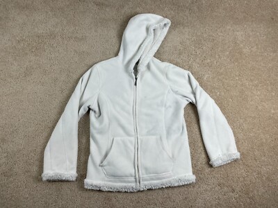 Green Tea Jacket Womens Large Faux Fur Trim Hooded Full Zip Pocket Outdoor White