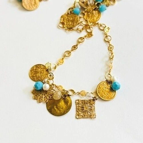 VTG Liz Palacios San Francisco necklace charm pearl turquoise coin Signed gold - Image 2 of 4