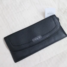 NWT COACH Pebbled Leather Black Flap Envelope Slim WALLET Turnlock $118 NEW