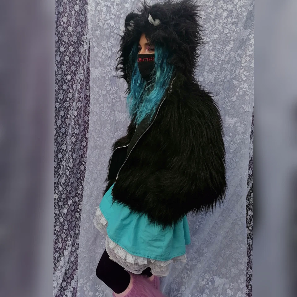 Black faux fur jacket with teady Bear Ears size small fluffy coat hoodie - Image 3 of 4