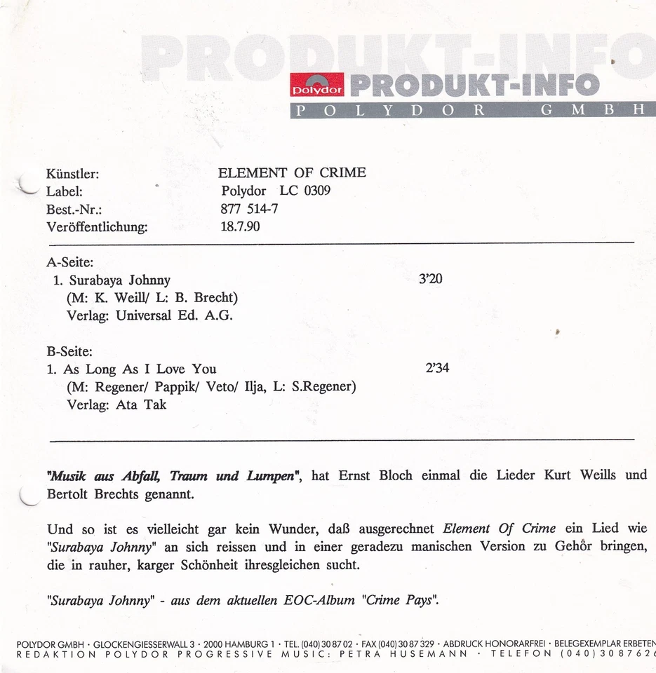 Element Of Crime - Surabaya Johnny - 7"-Vinyl-Single-524- near mint - Bild 3 von 3