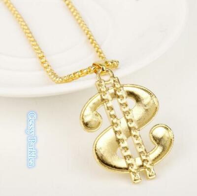 Gold Dollar Sign $ Necklace Chain Hip Hop Rapper Bling 80s 90s