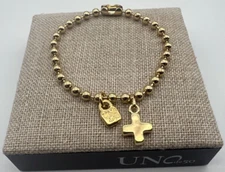 NEW Uno de 50 18K Gold Plated Bead Bracelet with Cross Charm