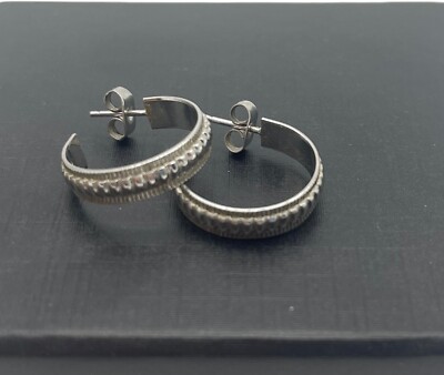 Vintage Signed Wells Sterling Hammered Faceted Half Hoop Earrings