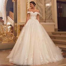 Luxury Off Shoulder 3D Flowers Appliques Beading Zipper Back Tulle Wedding Dress