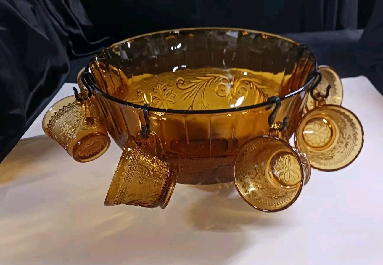 TIARA AMBER SANDWICH PUNCHBOWL W/6 CUPS & HANGARS (2 SETS AVAILABLE)