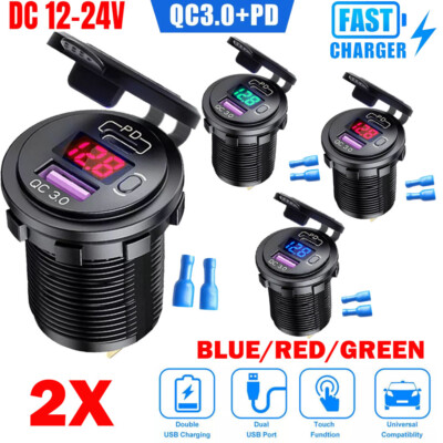 2x 12V QC3.0 Dual USB Car Fast Charger Socket Adapters LED Voltmeter Waterproof