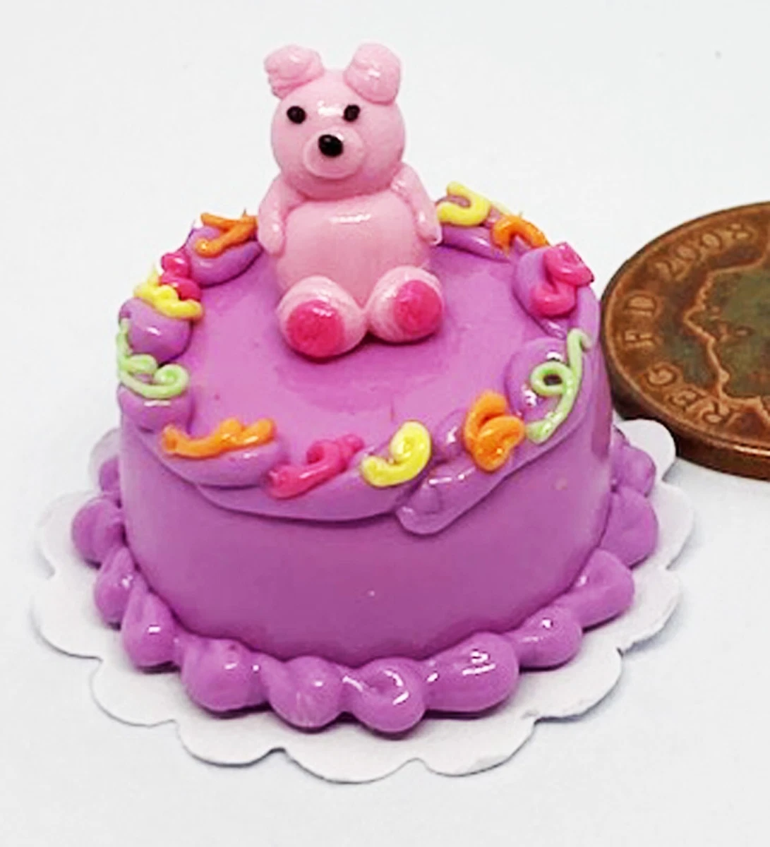 Dolls House Round Cake With Purple Icing and Bear Tumdee 1 12 Scale Miniature T9
