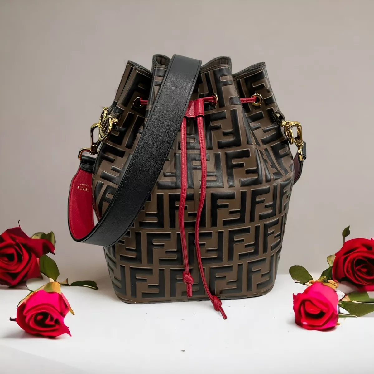 Fendi FF Embossed Mon Tresor Bucket Bag W/Red/Black (Retail $2490)