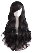 Black 28" Long Wavy Hair Wig, includes cool mesh weaving cap