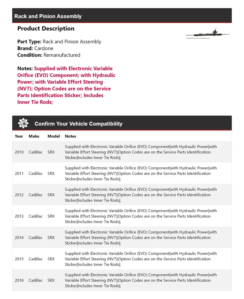 For 2010-2016 Cadillac SRX Rack and Pinion Assembly Cardone 2011 2012 2013 2014 - Image 2 of 4