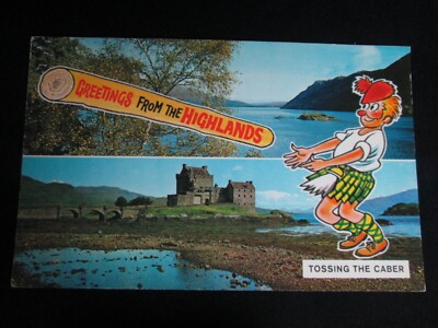 Tossing the Caber Grüße aus den Highlands Schottland Vintage Postkarte H19