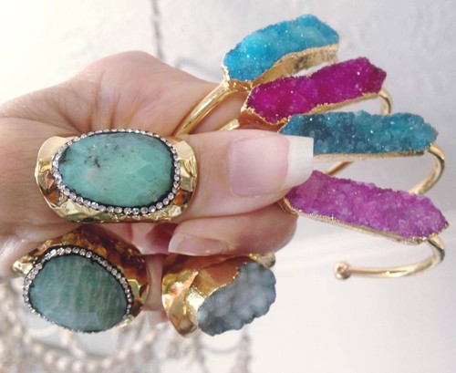 Blue Druzy Bangle Stacking Bracelet Gold Open Cuff Bezel Agate Periwinkle Drusy - Picture 4 of 11