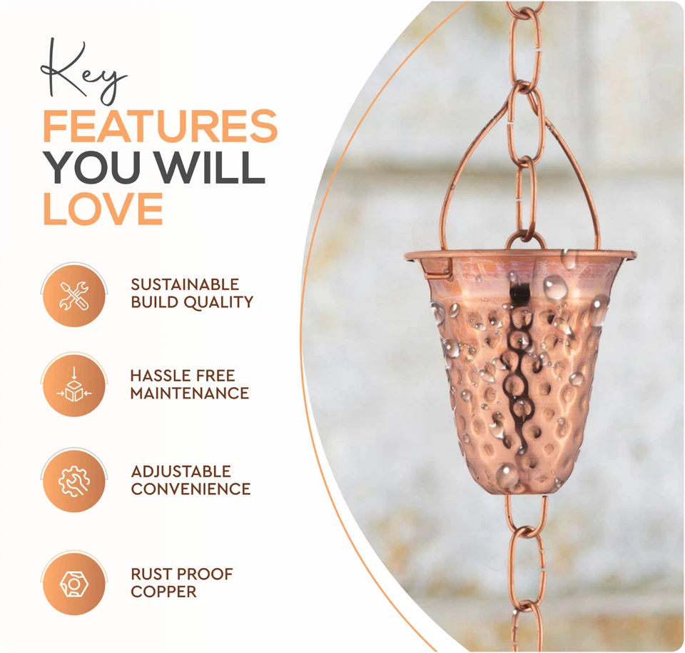 Marrgon Copper Water Chain with Bell Shaped Cups – Durable & Thick Rain Chain - Image 3 of 4