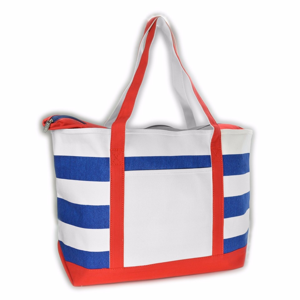 DALIX Striped Boat Tote Bag - Premium 18oz Cotton Canvas, 23"L X 15"W, Zippered Top, Mint Green/White - View #3