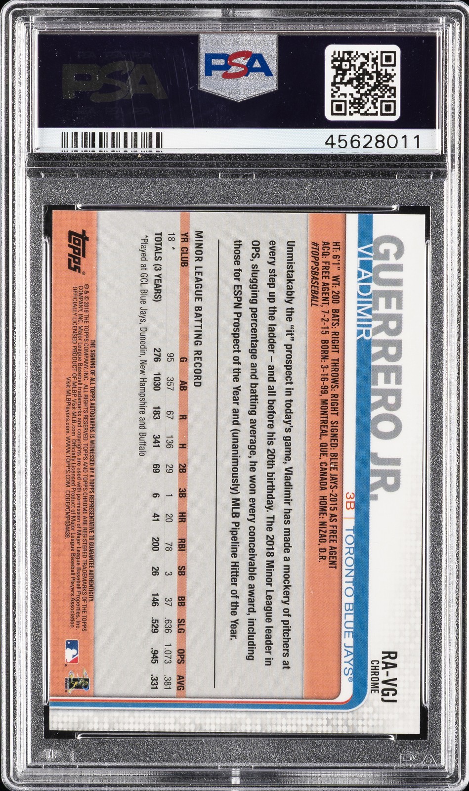 2019 TOPPS CHROME AUTO VLADIMIR GUERRERO JR. ROOKIE RC PSA 9 AUTO view 2