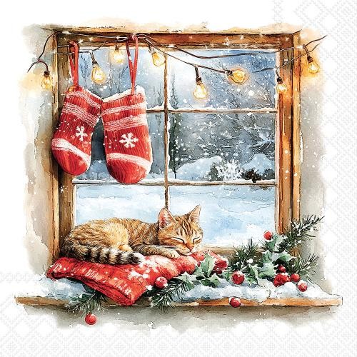 Weihnachten Servietten Lunch 33X33 3-Lagig 20 StüCk Katze An Fenster Winter Wind-image