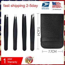 US Tweezers Set 4 Piece Professional Black Plucker Stainless Steel With Case