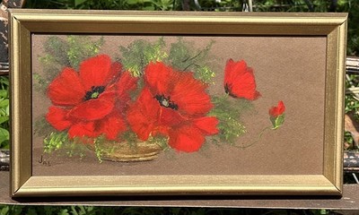 【F8号】 talisman 油画 油彩 oil painting ポピー　赤 Original Jac Flitcraft Oil Painting Red Poppies Signed #'d Framed