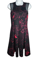 Next Floral Dress Womens Size 10 Black Pink Midi Skater Sleeveless Mesh