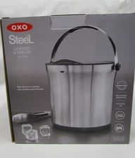 OXO 3 Piece Stainless Steel Silver Ice Bucket Set 4 Quart Ice Tongs Caddy EUC