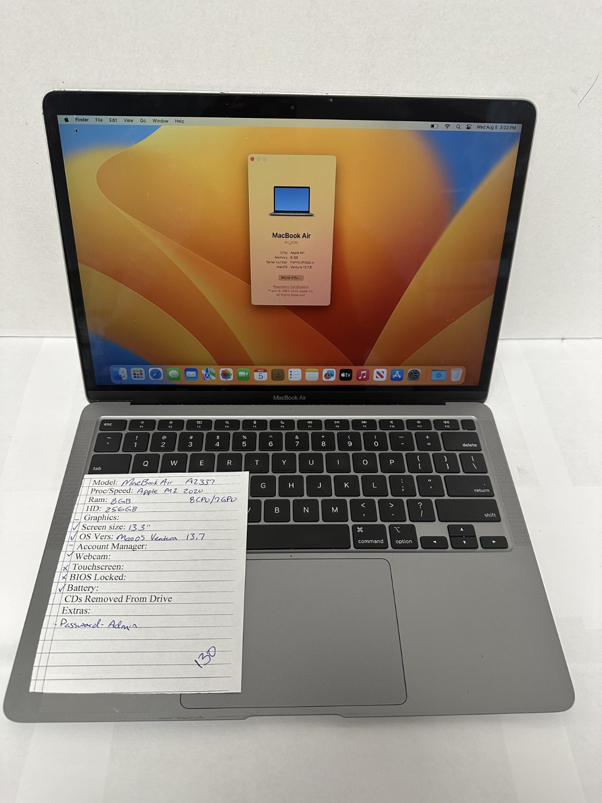 2020 Apple MacBook Air 13.3" i3 8GB RAM 256GB SSD Silver A2337 Ventura