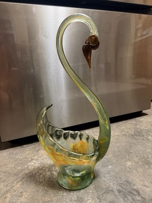 Murano Hand Blown Glass Swan Yellow Orange and Blue Art Glass Sculpture Italy