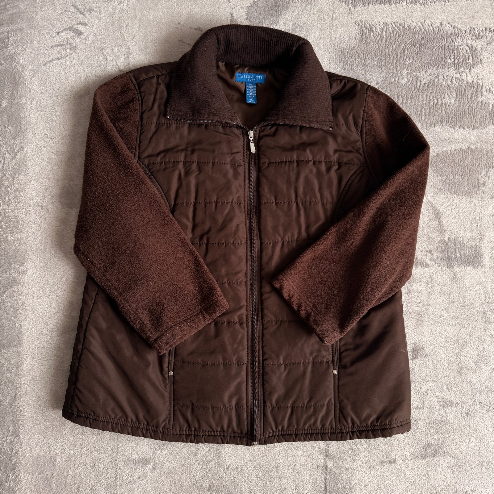 Karen Scott Sport Womens XL Brown Quilted Puffer Fleece Mixed Media Jacket Zip