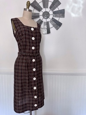 Vintage 1960 s Sleeveless Brown Gingham Dress by Louisa Alcott