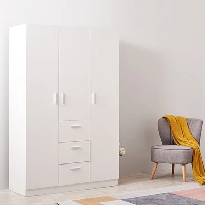 PANANA White 3 Door 3 Drawer Triple Wardrobe with Storage Shelves Hanging Rail Bedroom