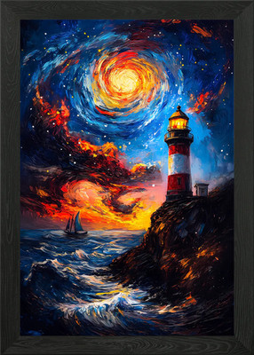 Leuchtturm unter Sternenhimmel gerahmtes Wandbild Poster Leinwanddruck Bild