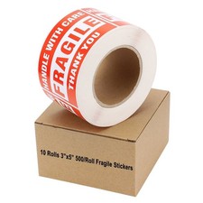 10 Rolls 3x5 500/Roll FRAGILE Stickers Handle With Care Thank You Shipping Label