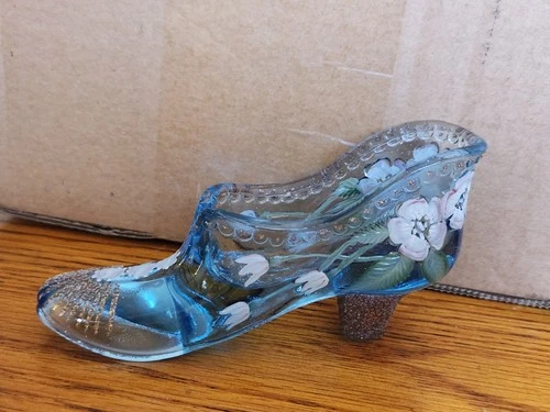 Fenton Art Glass Shoe Boot Ice Blue Hand Painted Signed Nancy Fenton 95th Anniv