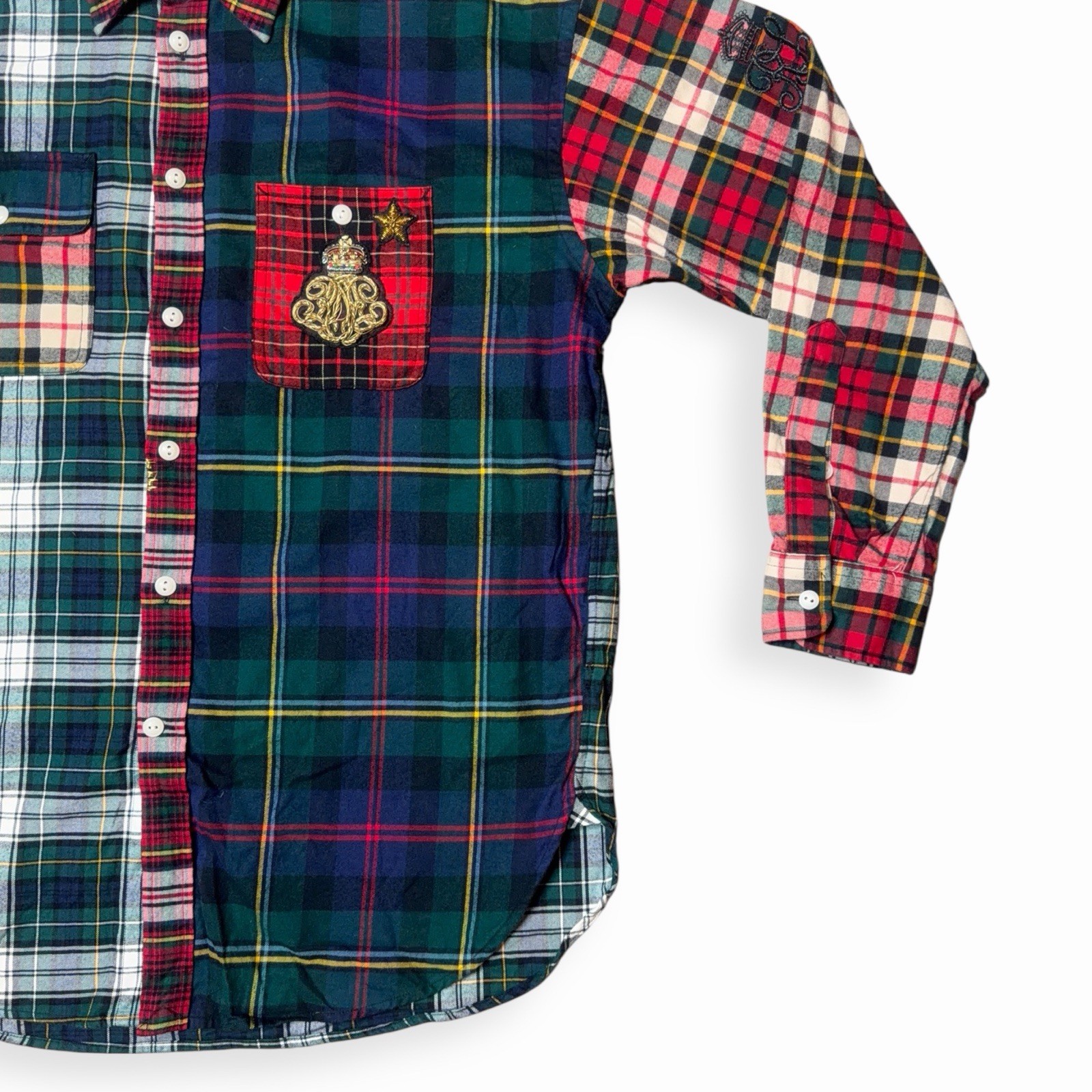 Rare Polo Ralph Lauren Shirt Womens Medium Boyfriend Fit Patchwork Flannel Crest image 6